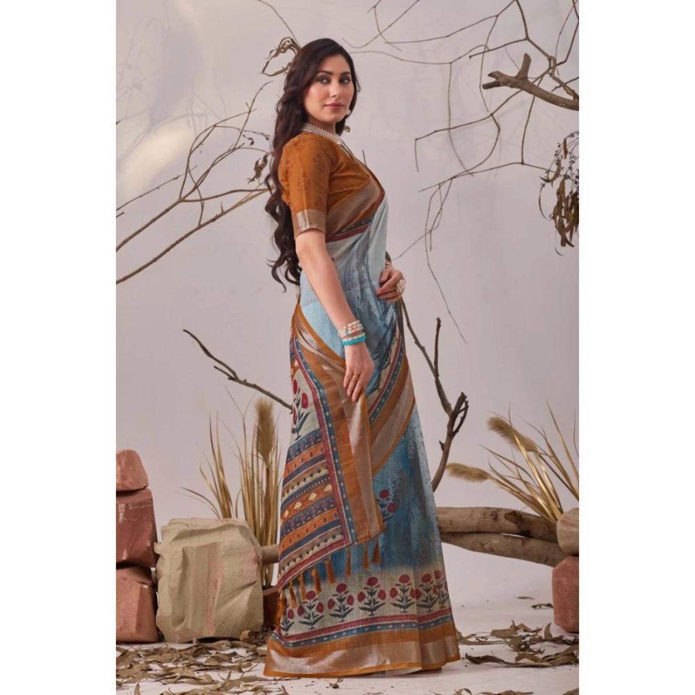 Generic Women's Faux_Linen Printed Saree With Unstitched Blouse 5.5Mtr (Blue)
