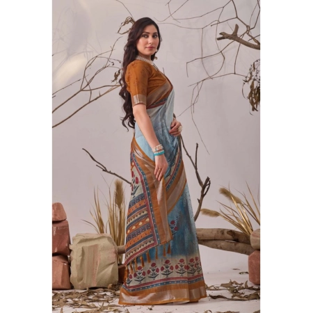 Generic Women's Faux_Linen Printed Saree With Unstitched Blouse 5.5Mtr (Blue) Generic Women's Faux_Linen Printed Saree With Unstitched Blouse 5.5Mtr (Blue)