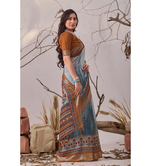 Generic Women's Faux_Linen Printed Saree With Unstitched Blouse 5.5Mtr (Blue)