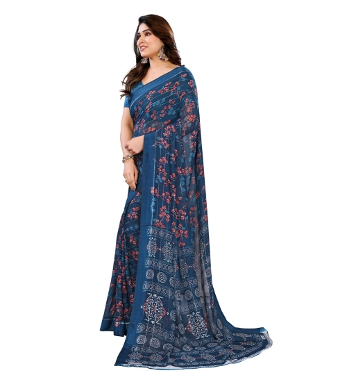 Generic Women's Georgette Printed Saree With Unstitched Blouse 5.5Mtr (Blue)