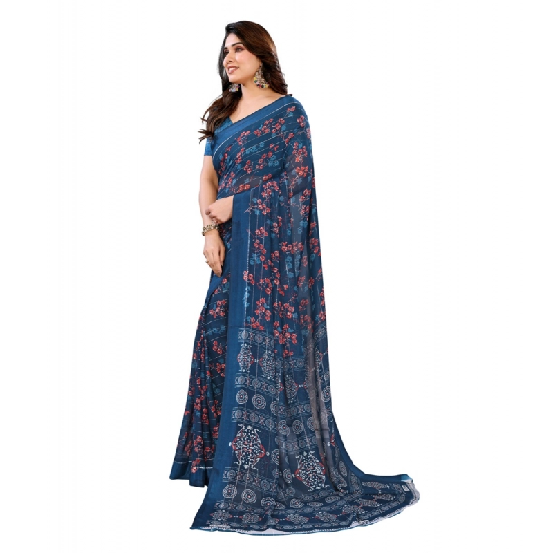 Women's Georgette Printed Saree With Unstitched Blouse 5.5Mtr (Blue)