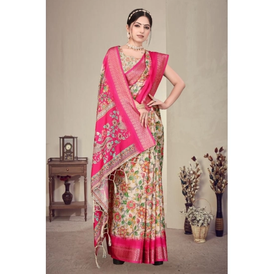 Generic Women's Cotton Silk  Printed Saree With Unstitched Blouse 5.5Mtr (Pink)