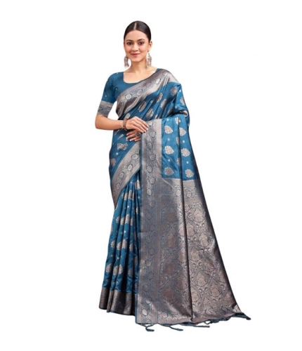 Generic Women's Banarasi Silk Printed Saree With Unstitched Blouse 5.5Mtr (Teal Blue)
