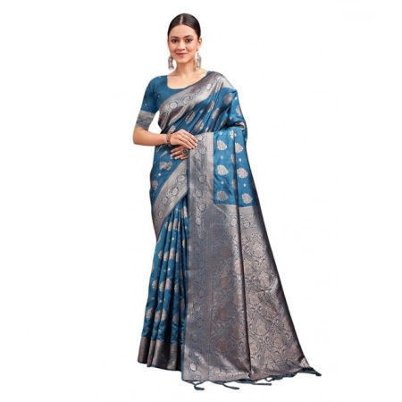 Generic Women's Banarasi Silk Printed Saree With Unstitched Blouse 5.5Mtr (Teal Blue)