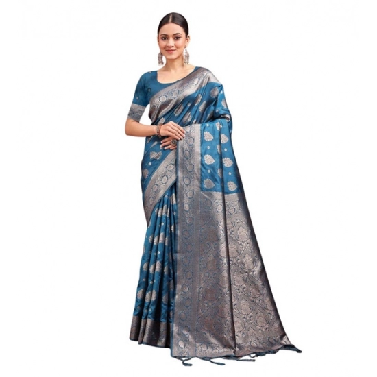 Generic Women's Banarasi Silk Printed Saree With Unstitched Blouse 5.5Mtr (Teal Blue)