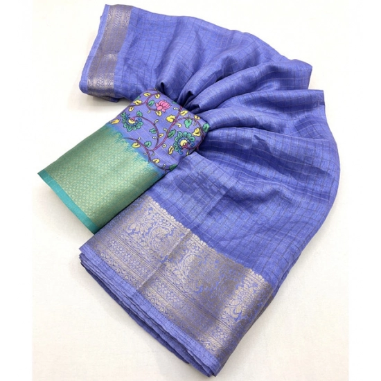 Generic Women's Cotton Blend Checkered Saree With Unstitched Blouse 5.5Mtr (Blue)