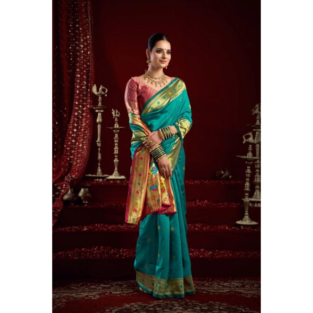 Generic Women's Silk Blend Woven Saree With Unstitched Blouse 5.5 Mtr (Aqua_Blue)