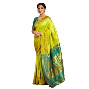 Generic Women's Silk Blend Zari Weaving Saree With Unstitched Blouse 5.5Mtr (Lime-Green)