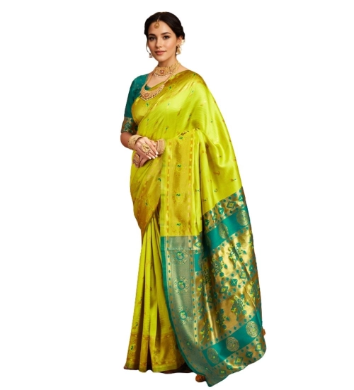 Generic Women's Silk Blend Zari Weaving Saree With Unstitched Blouse 5.5Mtr (Lime-Green)