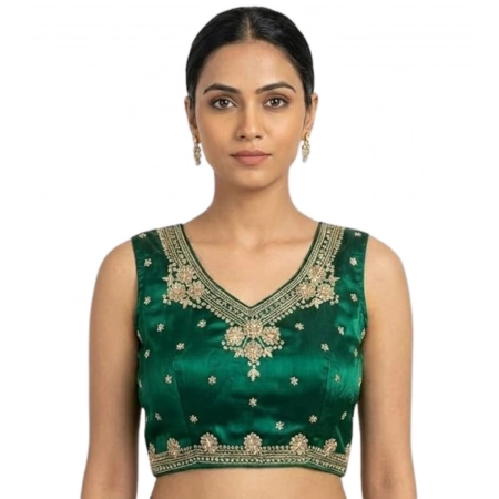 Generic Women's Silk Embroidered V-Neck Sleeveless Readymade Padded Blouse (Green, Size 38) Generic Women's Silk Embroidered V-Neck Sleeveless Readymade Padded Blouse (Green, Size 38)