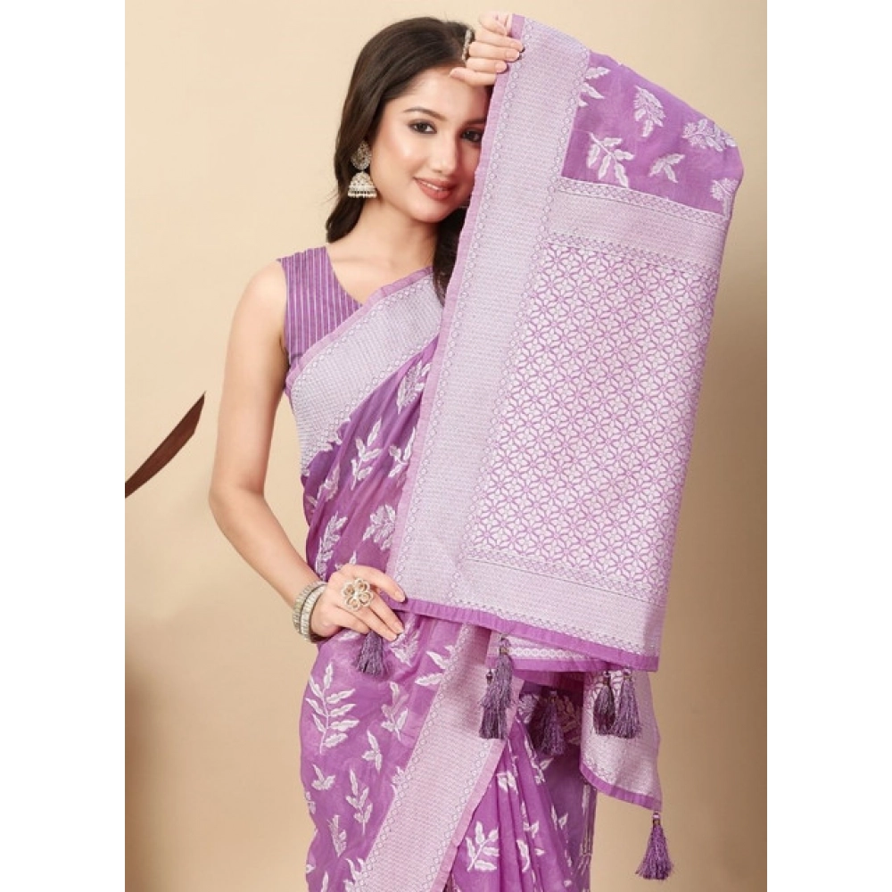 Women’s Art Silk Jacquard Printed Saree With Unstitched Blouse 5.5Mtr (Purple)