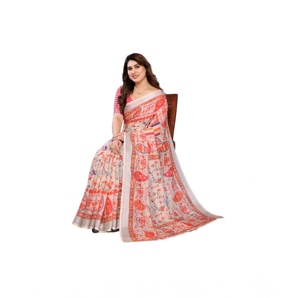 Generic Women's Linen Cotton Printed Saree With Unstitched Blouse 5.5Mtr (Orange ) Generic Women's Linen Cotton Printed Saree With Unstitched Blouse 5.5Mtr (Orange )