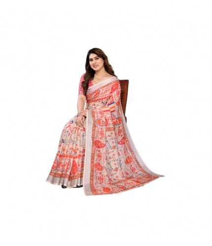 Generic Women's Linen Cotton  Printed Saree With Unstitched Blouse 5.5Mtr (Orange )
