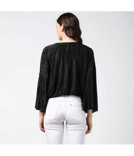 Generic Women's Polyester Pleated Balloon Sleeve Top (Black)