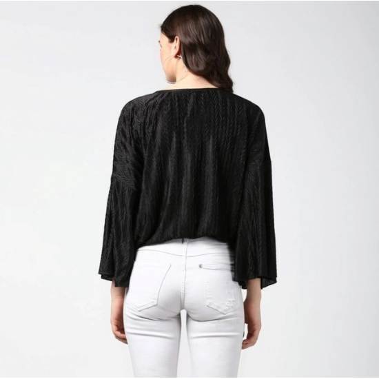 Generic Women's Polyester Pleated Balloon Sleeve Top (Black)