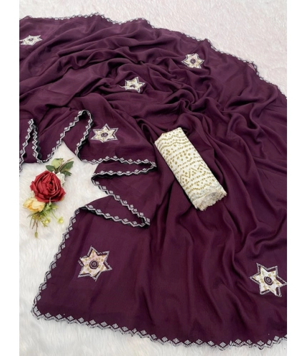 Generic Women's Chiffon Butti Dotted Saree With Unstitched Blouse 5.5Mtr (Wine)
