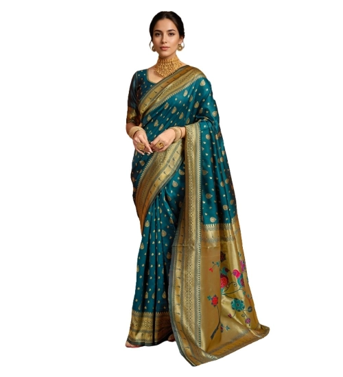 Generic Women's Silk Blend Zari Weaving Saree With Unstitched Blouse 5.5Mtr (Teal)