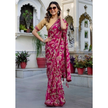 Generic Women's Georgette Floral Printed Saree With Unstitched Blouse 5.5Mtr (Magenta)