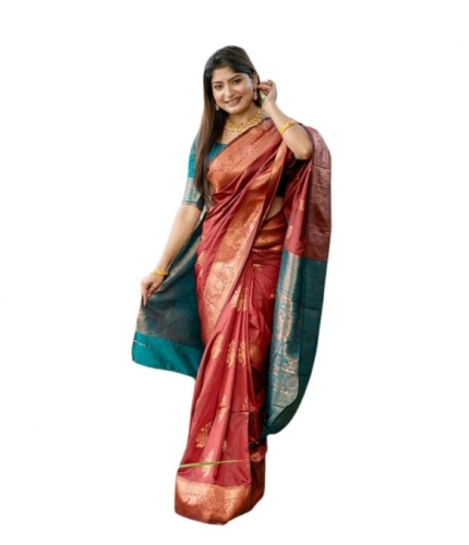 Generic Women's Katan_Silk Zari_Weaving Saree With Unstitched Blouse 5.5Mtr (Maroon)