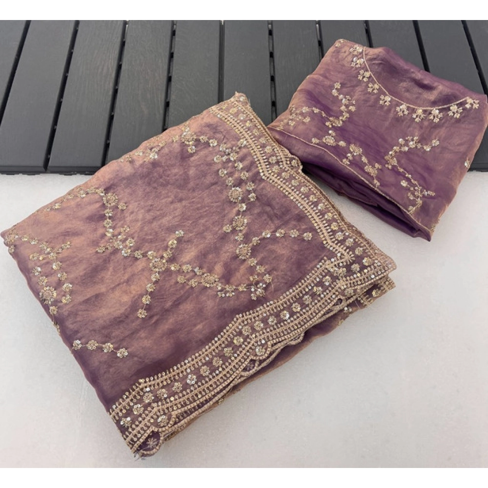 Generic Women's Silk Embellished Saree With Unstitched Blouse 5.5Mtr (Lavender)