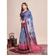 Generic Women's Semi Cotton Digital Print Saree With Unstitched Blouse 5.5Mtr (Blue)