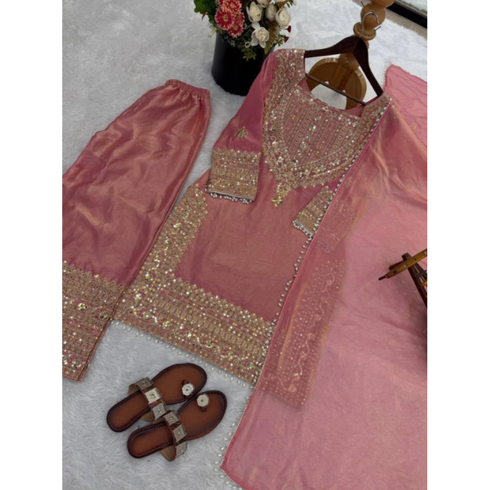Generic Women's Silk Embroidered 3/4th Sleeve Round Kurti With Sharara Pant and Dupatta Set (Pink) Generic Women's Silk Embroidered 3/4th Sleeve Round Kurti With Sharara Pant and Dupatta Set (Pink)