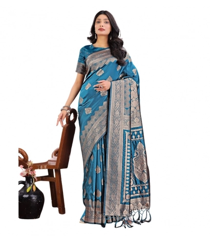 Generic Women's Silk Printed Saree With Unstitched Blouse 5.5Mtr (Teal)
