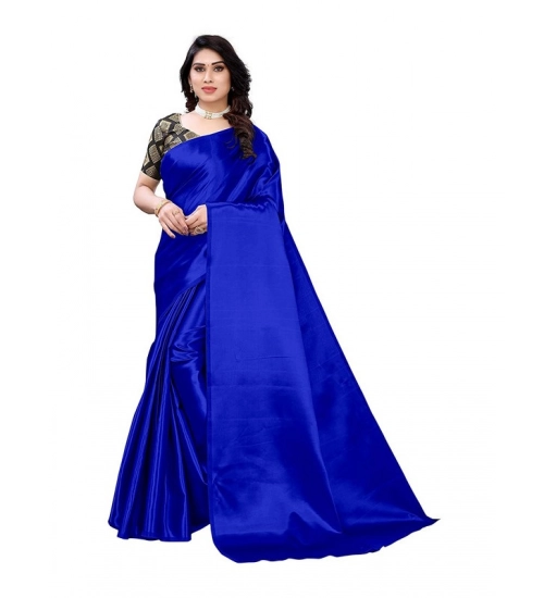 Generic Women's Satin Printed Saree With Unstitched Blouse 5.5Mtr (Royal Blue)