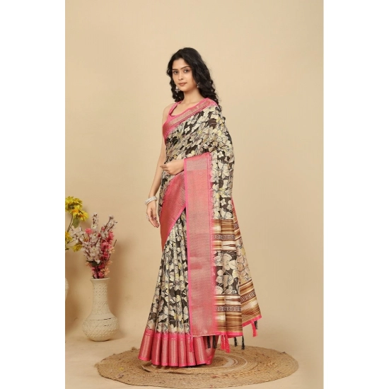Generic Women's Cotton Silk Floral Printed Saree With Unstitched Blouse 5.5Mtr (Black)