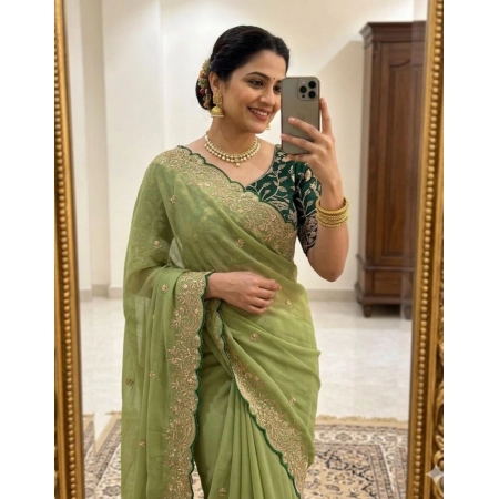 Generic Women's Star Georgette Embroidered Saree With Unstitched Blouse 5.5Mtr (Green)