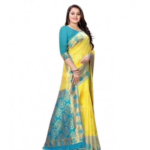 Women's Litchi silk Printed Saree With Unstitched Blouse (Yellow) Women's Litchi silk Printed Saree With Unstitched Blouse (Yellow)