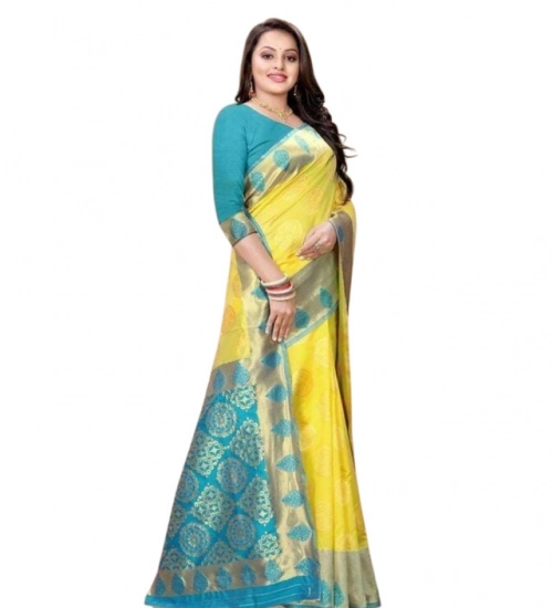 Generic Women's Litchi silk Printed Saree With Unstitched Blouse (Yellow)