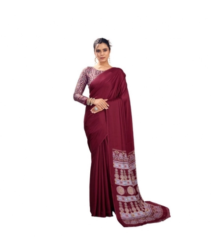 Generic Women's Satin Crepe Printed Saree With Unstitched Blouse 5.5Mtr (Maroon)