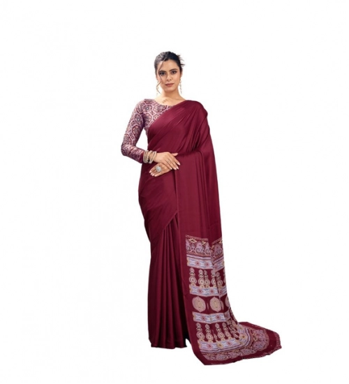 Generic Women's Satin Crepe Printed Saree With Unstitched Blouse 5.5Mtr (Maroon)
