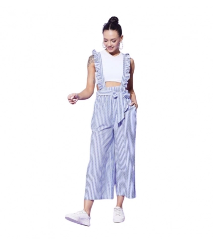 Generic Women's Cotton Pinafore Shoulder Straps Jumpsuit (Light Blue)