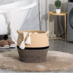 Generic Cotton Matka 14x12 Inch Storage Basket For Clothes With Out Lid (Beige-Black)