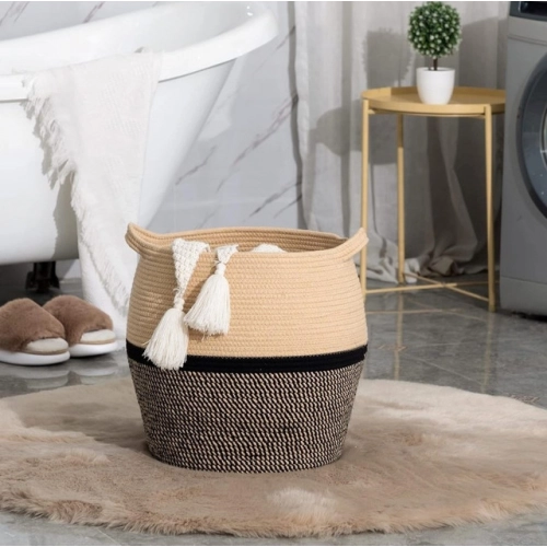 Generic Cotton Matka 14x12 Inch Storage Basket For Clothes With Out Lid (Beige-Black)