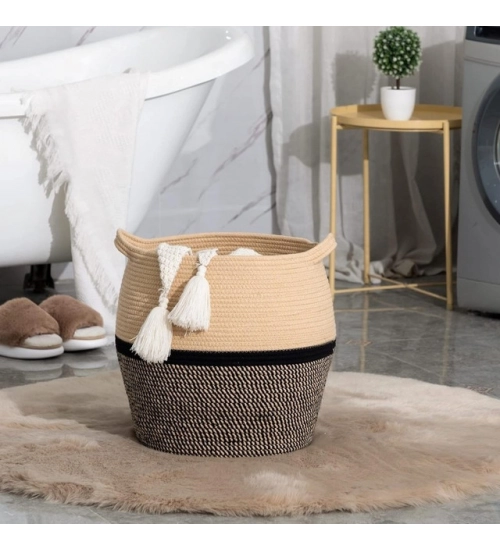 Generic Cotton Matka 14x12 Inch Storage Basket For Clothes With Out Lid (Beige-Black)
