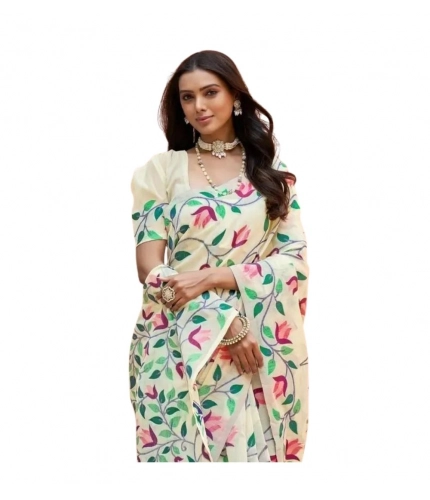 Generic Women's Georgette Printed Saree With Unstitched Blouse 5.5Mtr (Cream)