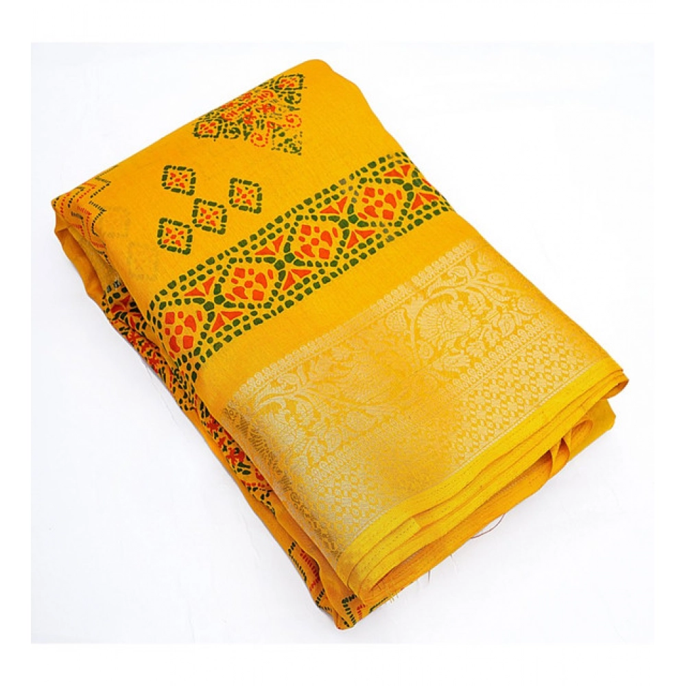 Women's Cotton Silk Printed Saree With Unstitched Blouse 5.5Mtr (Yellow)
