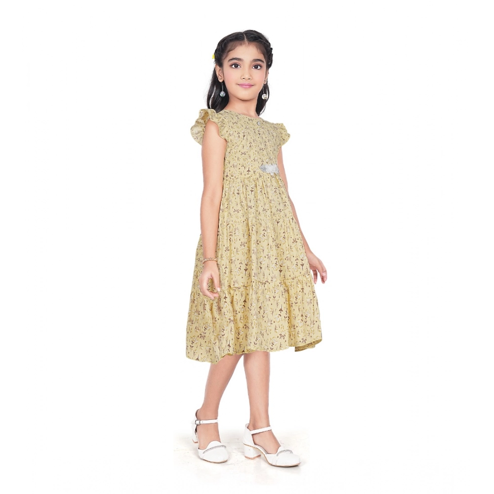 Generic Girl's Twill Printed Short Sleeve Round Neck Dress (Yellow)