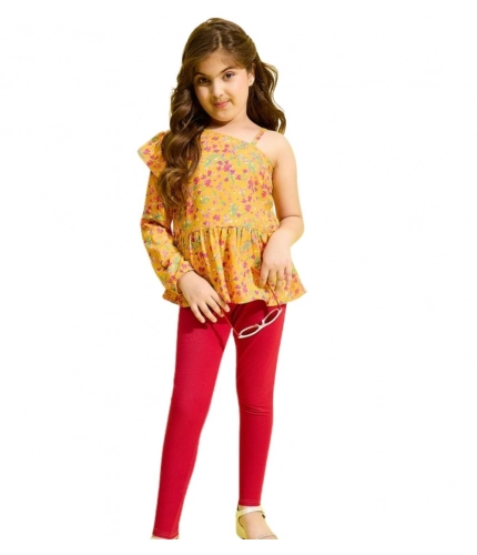 Generic Girl's Polyester Floral One Shoulder Jeggings Set (Yellow-Red)