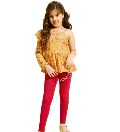 Generic Girl's Polyester Floral One Shoulder Jeggings Set (Yellow-Red)