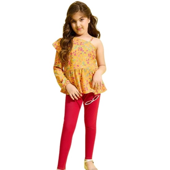 Generic Girl's Polyester Floral One Shoulder Jeggings Set (Yellow-Red)
