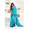 Generic Women's Faux Linen Floral Print Ready to wear Saree With Unstitched Blouse 5.5Mtr (Light_AquaBlue)