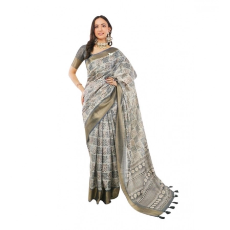 Generic Women's Polyester Printed Saree With Unstitched Blouse 5.5 Mtr (Grey)