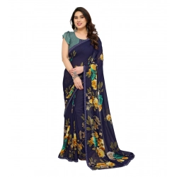 Generic Women's Georgette Printed Saree With Unstitched Blouse 5.5Mtr (Navy Blue)
