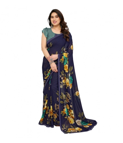 Generic Women's Georgette Printed Saree With Unstitched Blouse 5.5Mtr (Navy Blue)