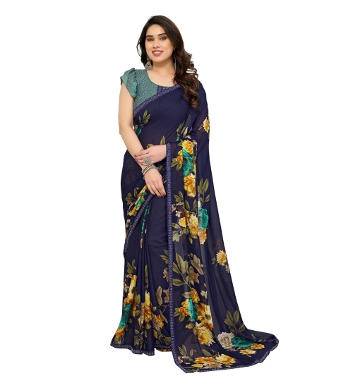 Generic Women's Georgette Printed Saree With Unstitched Blouse 5.5Mtr (Navy Blue)