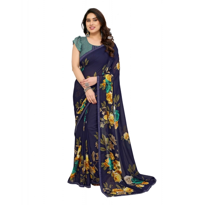 Women's Georgette Printed Saree With Unstitched Blouse 5.5Mtr (Navy Blue)